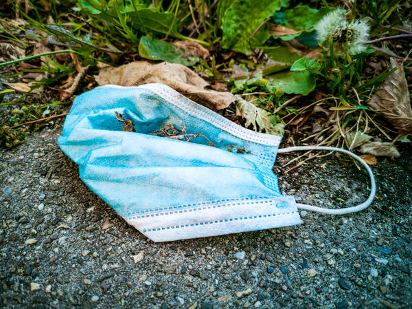 Surgical masks in nature. Corona virus pollution. Leherheide, Bremerhaven.