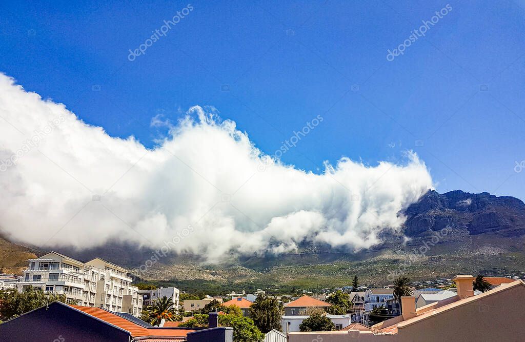Table Mountain National Park cloudy, an incredible cloud formation. Cape Town, South Africa.
