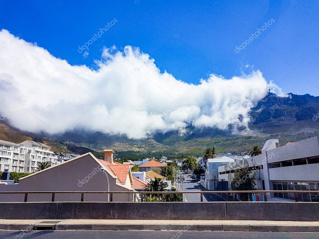 Table Mountain National Park cloudy, an incredible cloud formation. Cape Town, South Africa.