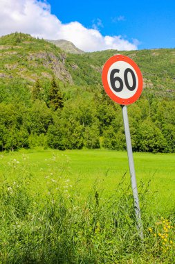 Norveç 'te 60. Bölge 60. Yol tabelası kırmızı..