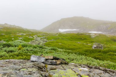 Hemsedal Norveç 'teki Veslehdn Veslehorn dağında sis ve bulutlu büyük kayalar ve uçurumlar.