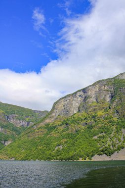 Norveç 'in güzel dağı ve Aurlandsfjord' daki fiyort manzarası Aurland Vestland Sognefjord Norveç 'te.
