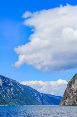 Norveç 'in güzel dağı ve Aurlandsfjord' daki fiyort manzarası Aurland Vestland Sognefjord Norveç 'te.