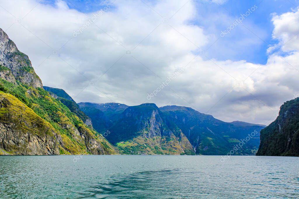 Norwegian beautiful mountain and fjord landscape in Aurlandsfjord Aurland Vestland Sognefjord in Norway.