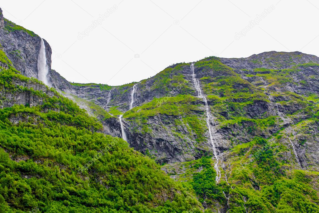 Waterfalls in Aurlandsfjord Aurland Vestland Sognefjord in Norway.