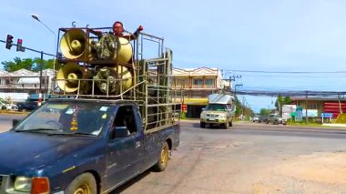 Khon Kaen Province Isan Thailand 07. November 2018 Busy city life cityscape people buildings cars heavy traffic jam rush hour panorama view on street road highway in Khon Kaen District Isan Thailand.
