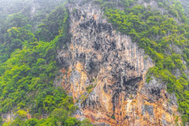 Güneydoğu Asya 'da Krasom Amphoe Takua Thung Bölgesi Phang Nga Bölgesi' nde kayalık kayalıklar kaya duvarı ve turkuaz yeşil su.