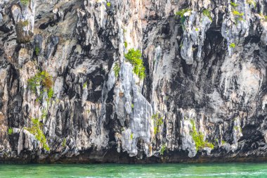 Güneydoğu Asya 'da Krasom Amphoe Takua Thung Bölgesi Phang Nga Bölgesi' nde kayalık kayalıklar kaya duvarı ve turkuaz yeşil su.