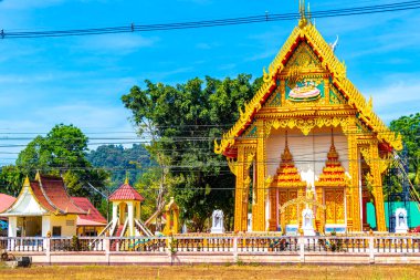 Phang Nga Eyaleti Siam Güney Tayland 05. Şubat 2020 Güneydoğu Asya 'daki Phang Nga Eyaleti Siyam Güney Tayland' da mavi gökyüzü ile altın sarısı bir Budist tapınağı..