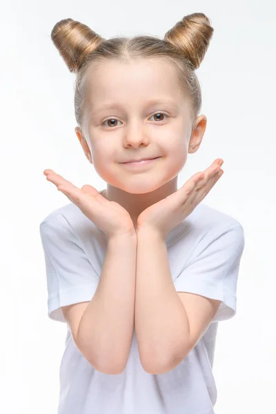 Little Blonde Girl White Shirt Funny Hairstyle Smiles White Isolated — Stock Photo, Image