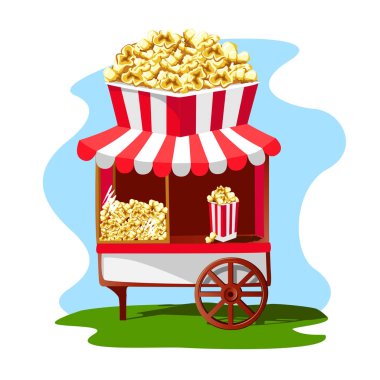 Patlamış mısır çatıda bir kağıt bardak ile lezzetli ve parlak patlamış mısır dükkanı. Vektör çizim.