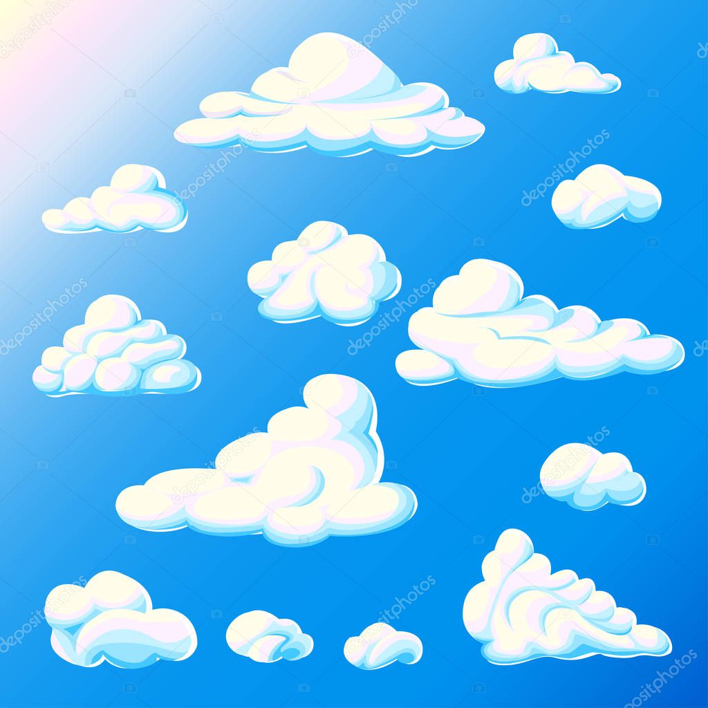 Cartoon clouds set on a blue background. Vector illustration.