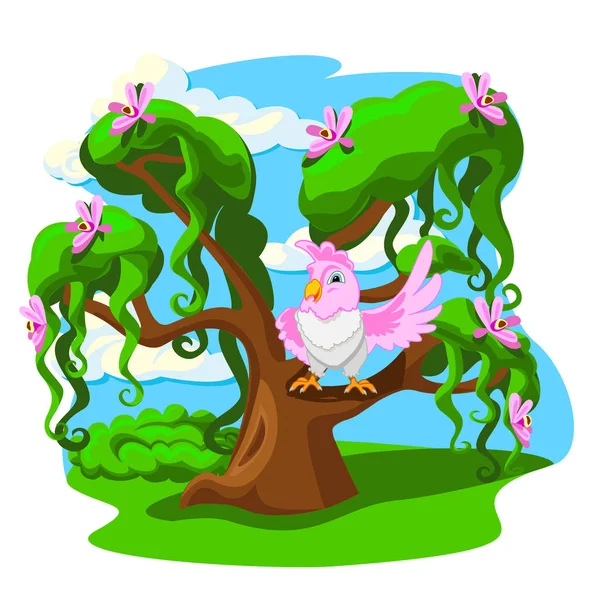 Árbol Dibujos Animados Con Loros Divertidos Ilustración Vectorial Colorida — Vector de stock