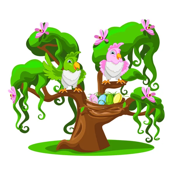 Cartoon Tree Funny Parrots Colorful Vector Illustration — Stock Vector