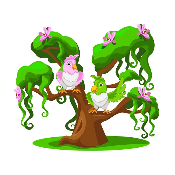Δέντρο Κινούμενα Σχέδια Αστεία Παπαγάλους Πολύχρωμο Διάνυσμα Εικονογράφηση — Διανυσματικό Αρχείο