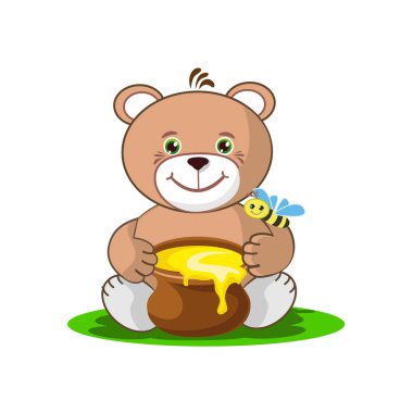 Bal ve arı kovanı neşeli arılar ile bir sürahi ile bir oyuncak ayı. Yaz vektör çizim.
