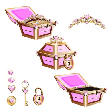 Hazine sandığı pembe takı ve taç. Vektör çizimler kümesi.