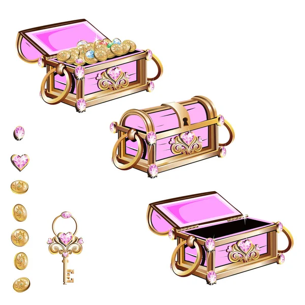 Hazine sandığı pembe taşlar. Vektör çizimler kümesi.