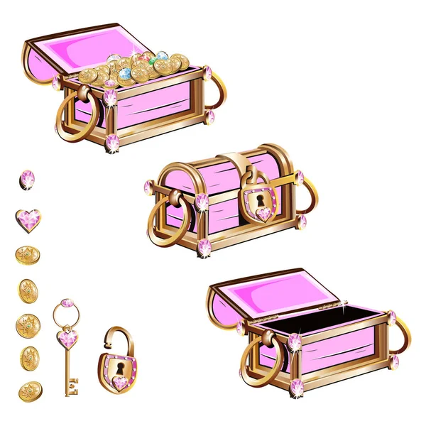 Hazine sandığı pembe taşlar. Vektör çizimler kümesi.