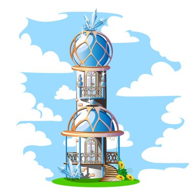 Fairytale kale mavi kubbeli çatı, balkon ve kristalleri ile. Sihirli vektör çizim oryantal tarzı.