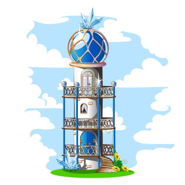 Fairytale kale mavi kubbeli çatı, balkon ve kristalleri ile. Sihirli vektör çizim oryantal tarzı.