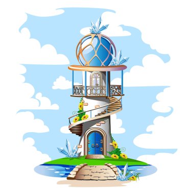 Fairytale castle with a blue domed roof, a balcony and crystals. Magic vector illustration in oriental style. clipart
