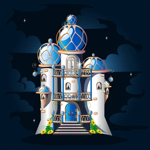 童话城堡与蓝色圆顶屋顶 阳台和水晶 东方风格中的魔术矢量插画 — 图库矢量图片