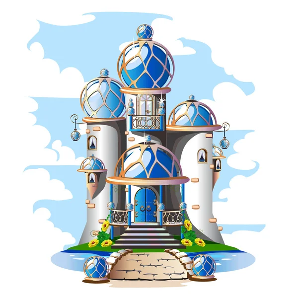 Castillo Cuento Hadas Con Techo Abovedado Azul Balcón Cristales Ilustración — Archivo Imágenes Vectoriales