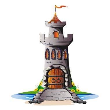 Bir kapı ve bir köprü ile bir taş castle Fairytale kuleleri. Vektör çizim.