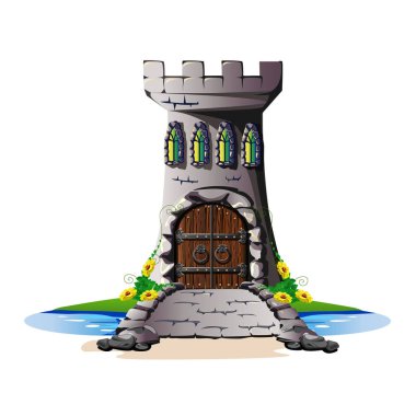 Bir kapı ve bir köprü ile bir taş castle Fairytale kuleleri. Vektör çizim.