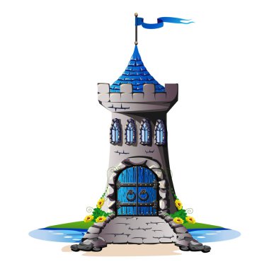Bir kapı ve bir köprü ile bir taş castle Fairytale kuleleri. Vektör çizim.