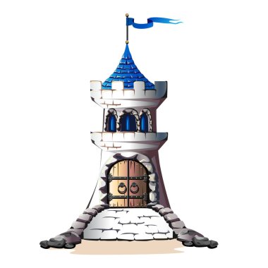 Bir kapı ve bir köprü ile bir taş castle Fairytale kuleleri. Vektör çizim.