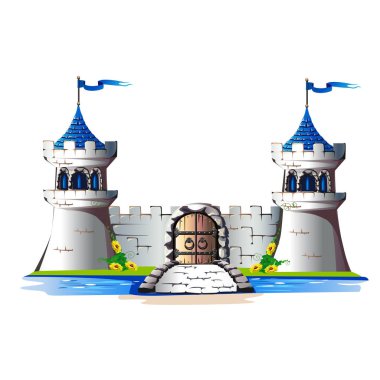 Bir kapı ve bir köprü ile bir taş castle Fairytale kuleleri. Vektör çizim.