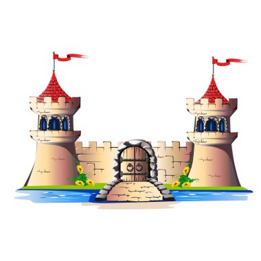 Bir kapı ve bir köprü ile bir taş castle Fairytale kuleleri. Vektör çizim.