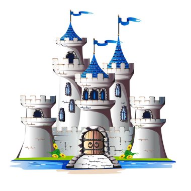 Bir kapı ve bir köprü ile bir taş castle Fairytale kuleleri. Vektör çizim.