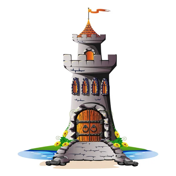 Torres Cuento Hadas Castillo Piedra Con Una Puerta Puente Ilustración — Vector de stock