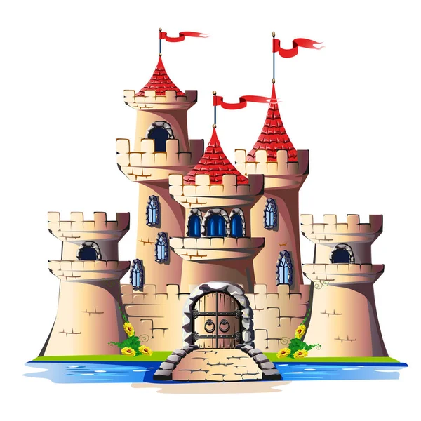 Bir kapı ve bir köprü ile bir taş castle Fairytale kuleleri. Vektör çizim.
