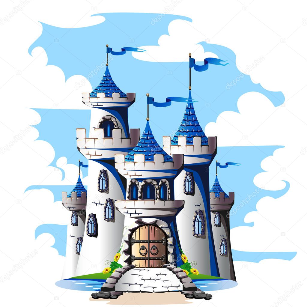 Fairytale towers of a stone castle with a gate and a bridge. Vector illustration.