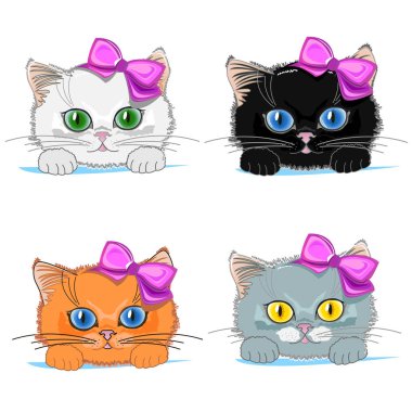 Parlak gözlü sevimli kedicik kümesi. Vektör çizim.