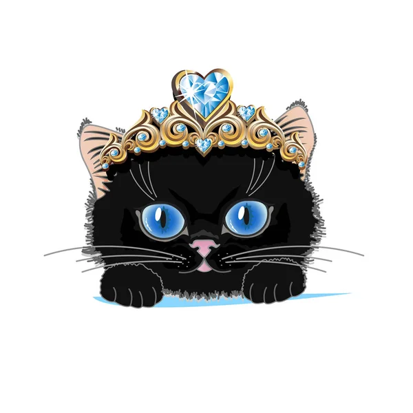 Gato Com Uma Tiara Dourada Cristal Azul Ilustração Vetorial — Vetor de Stock