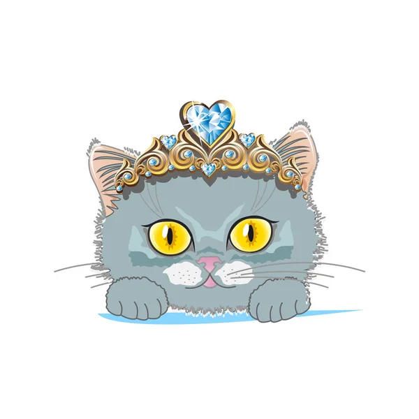 Gato Com Uma Tiara Dourada Cristal Azul Ilustração Vetorial — Vetor de Stock