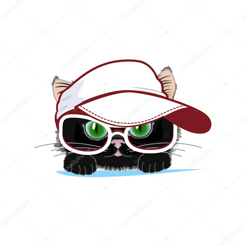 Cute cat in a cap and glasses. Vector illustration