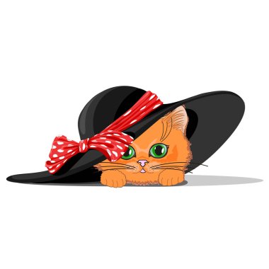 Şirin kedi yay ile bir şapkalı. Neşeli vektör çizim.