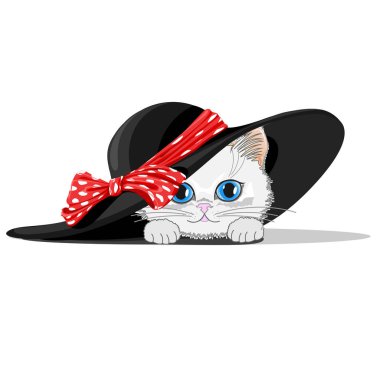 Şirin kedi yay ile bir şapkalı. Neşeli vektör çizim.