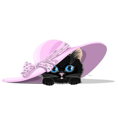 Şirin kedi yay ile bir şapkalı. Neşeli vektör çizim.