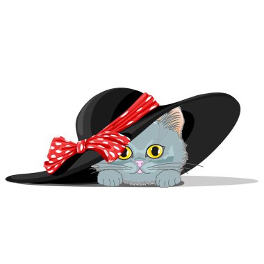 Şirin kedi yay ile bir şapkalı. Neşeli vektör çizim.