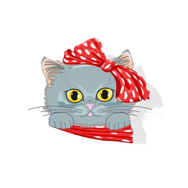 Şirin kedi yay ile bir şapkalı. Neşeli vektör çizim.