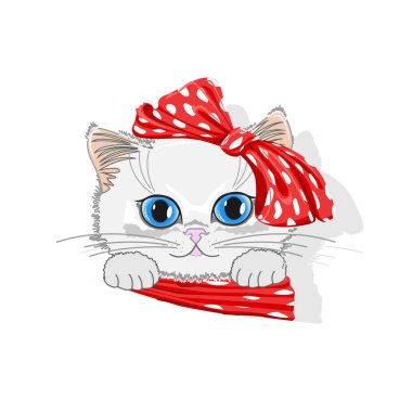 Şirin kedi yay ile bir şapkalı. Neşeli vektör çizim.