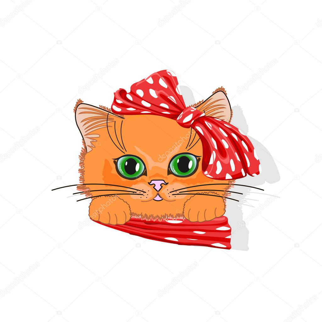Cute cat in a hat with a bow. Cheerful vector illustration.