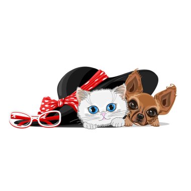 Bir köpek ve kedi içinde büyük bir şapka. Neşeli vektör çizim.